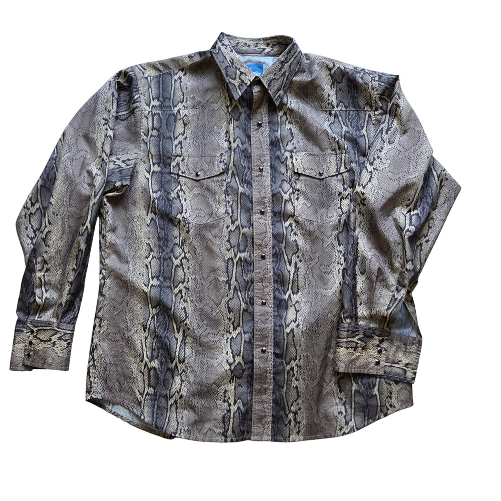 Vtg Wrangler Western Shirt Mens XL Grey Snakeskin Print Pearl Snap Long Sleeve